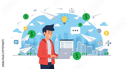 Young entrepreneur working on laptop with paper airplanes and city skyline in background representing startup success and innovation