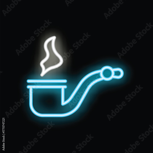 Blue neon sign of a classic smoking pipe emitting smoke on a black background