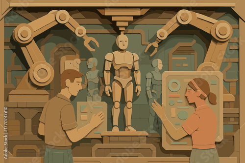 Hub characters vector flat icon art assembly no futuristic neon surfaces interfaces