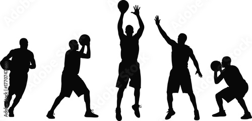 Basketball silhouette, players in action, dribbling, shooting, jumping, blocking, passing, sports movement, black vector, athletic pose, dynamic scene