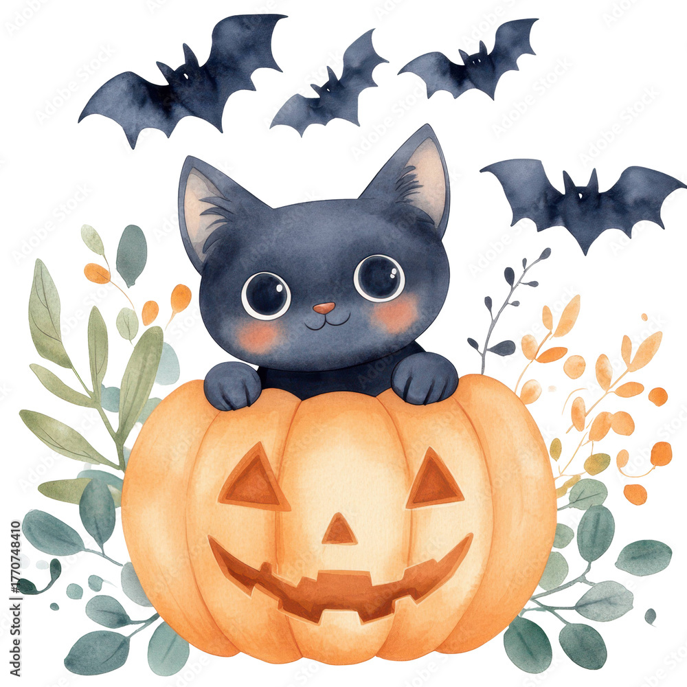 Naklejka premium Spooky Cat: A playful black cat emerges from a carved pumpkin, embraced by autumn foliage and accented by silhouetted bats, crafting a delightful scene for halloween.