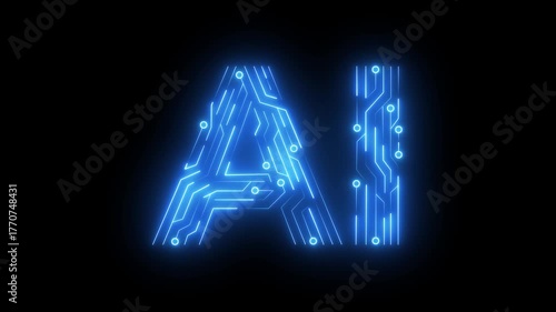Glowing neon ai text and circuit pattern icon on black background. AI text Circuit icon Copy Space Animation. AI, Artificial Intelligence Technology, Global Communication, Digital AI processing .