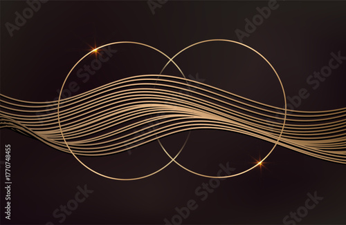 
Modern abstract dark brown background with a golden wave of lines. Imitation of a sound wave. two golden rings with sparkle. vector illustration. Suitable as wallpaper background, cover, template.