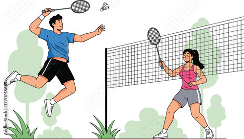  Cartoon badminton match outdoors, two players in action, jumping smash, shuttlecock, sports vector, competitive game, athletic movement, illustration.eps