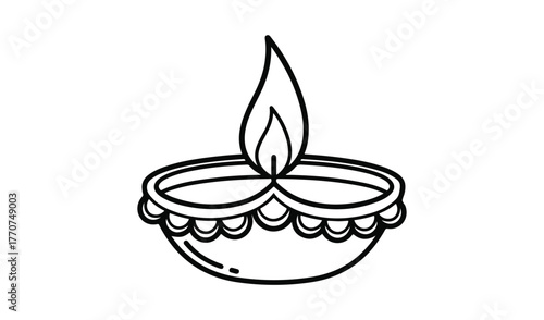 Simple hand drawn line art illustration of a diya lamp with flame