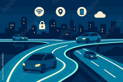 Captions emojis smart icon nightscape bold city autonomous moving flat vector punctuation