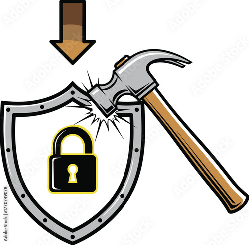 Hammer striking a shield with a padlock symbol, symbolizing a forceful attempt to break security or overcome defenses in a digital or physical context