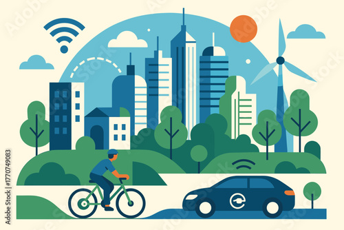 Futuristic numbers bold captions no vector conceptual cityscape icon smart green characters