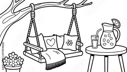 A comfortable outdoor swing with pillows, a blanket, and a refreshing drink on a table.
