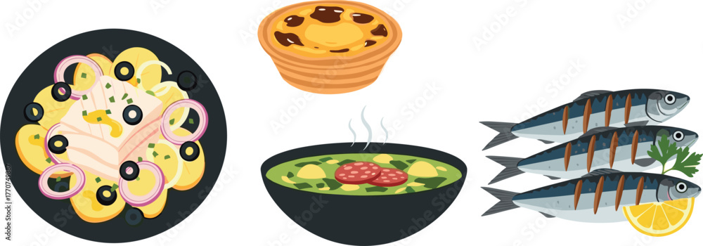 Assortment of portuguese dishes: bacalhau, caldo verde, pastel de nata, and grilled sardines on transparent background