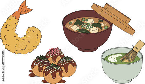 Illustration of japanese cuisine: tempura, takoyaki, miso soup, and matcha tea on transparent background
