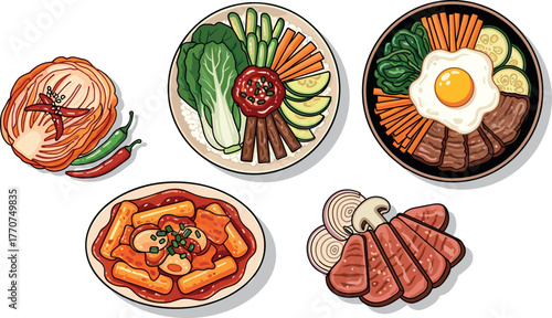 Illustration of various korean dishes: kimchi, bibimbap, tteokbokki, and bulgogi on transparent background