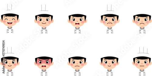 Cartoon chef character, emotional expressions, cooking avatar, culinary emoji, restaurant mascot, kitchen staff, vector illustration, flat design, mood icons, food industry