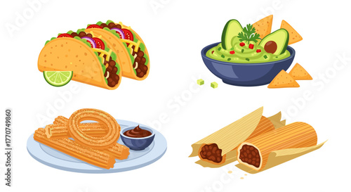 Assortment of mexican food: tacos, guacamole, churros, and tamales on transparent background
