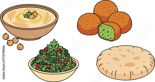 Illustration of hummus, falafel, tabbouleh salad, and pita bread on transparent background