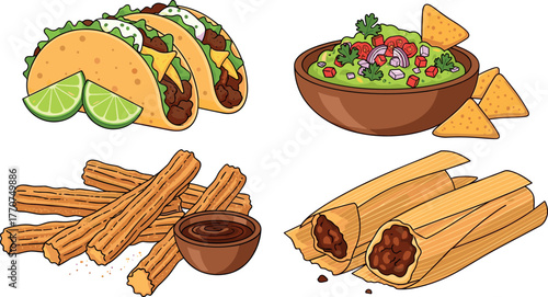 Cartoon illustration of tacos, guacamole, churros, and tamales on transparent background