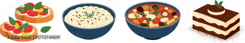 Assortment of italian dishes: bruschetta, creamy soup, minestrone, and tiramisu on transparent background