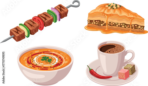 Assorted middle eastern food: kebab, baklava, soup, and coffee on transparent background