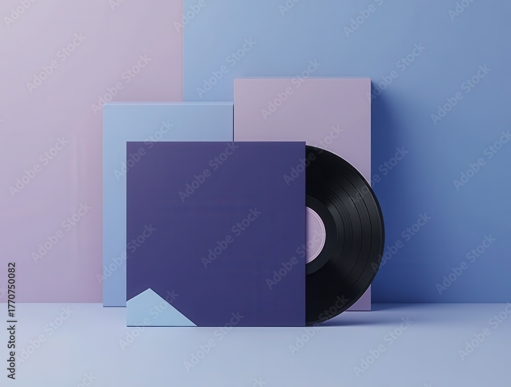 Obraz premium Vinyl record leaning on its cover in a minimalist pastel setting
