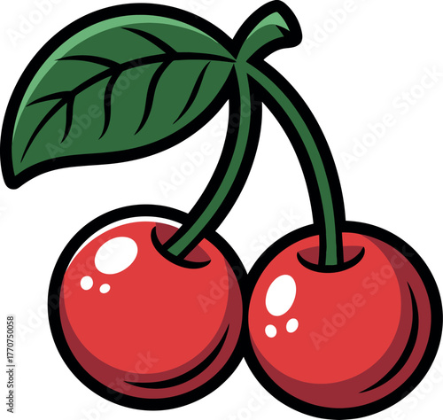A cartoon illustration of two ripe red cherries with a green leaf.