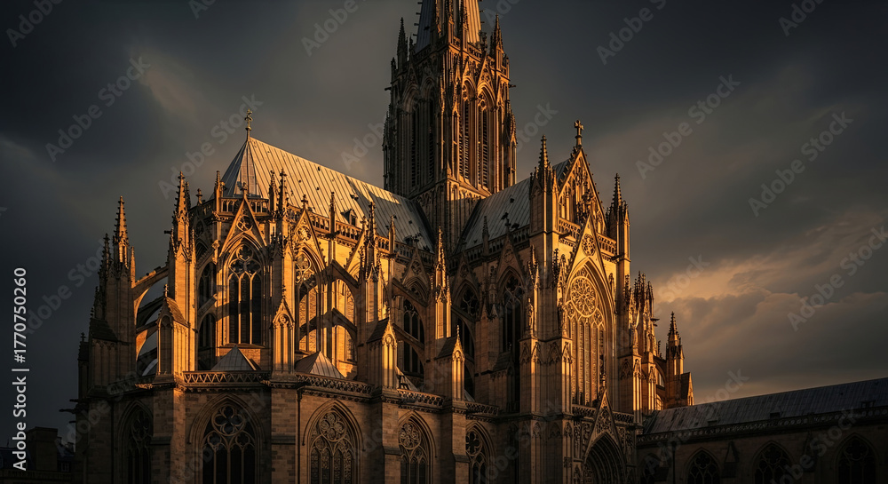 Fototapeta premium Majestic Gothic Cathedral Illuminated by Golden Hour Light Under Dramatic Stormy Sky