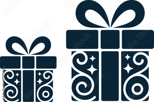 Two dark blue gift boxes with bows and decorative swirls are shown against a white background.