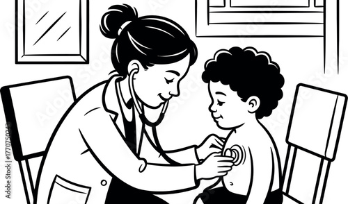 A doctor uses a stethoscope to examine a young child's chest in a medical examination room.