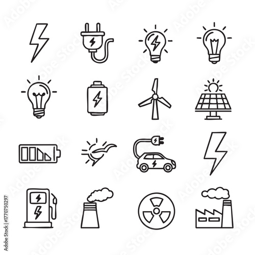 Black and white line art of alternative energy and pollution sources