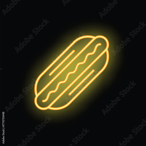 Yellow neon sign depicting a classic hot dog, glowing on a wall at night