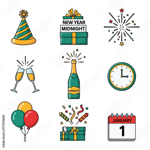 Vector icon set of New Year's Eve celebration symbols featuring a clock, fireworks, and champagne for holiday party invitations and designs