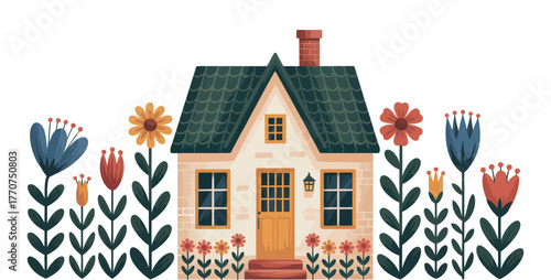 A charming cottage is surrounded by a vibrant garden filled with colorful flowers.