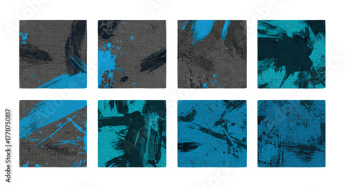 Vector  eight rectangular abstract paintings with brush strokes of varying shades of blue and gray hues