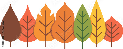 A row of stylized autumn leaves in various warm colors against a white background.