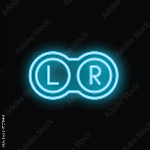 Glowing blue neon icon representing a contact lens case, clearly marked with l and r for left and right eyes