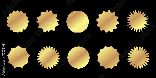 A set of golden blank round stickers on an isolated background. Star-shaped price tags. Metal badges with wavy edges. Label silhouettes. Vector.