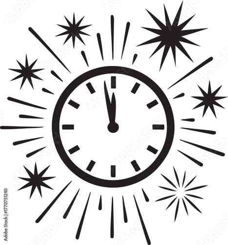 Black silhouette of a clock face with starbursts for New Year's Eve celebration time midnight