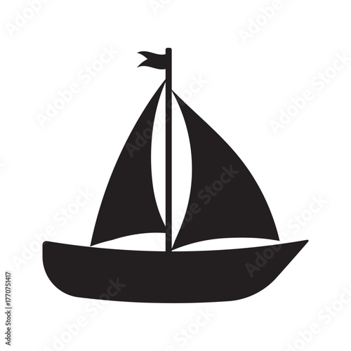 Black boat icon isolated on white background. Vector illustration of a sailboat silhouette in flat style.