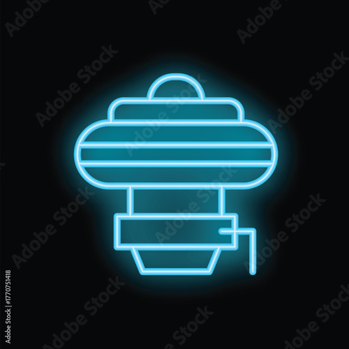 Bright blue neon sign representing a blimp flying in the night sky