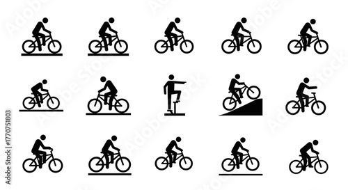 Vector  collection of fifteen black silhouette icons depicting people riding bicycles and one man standing