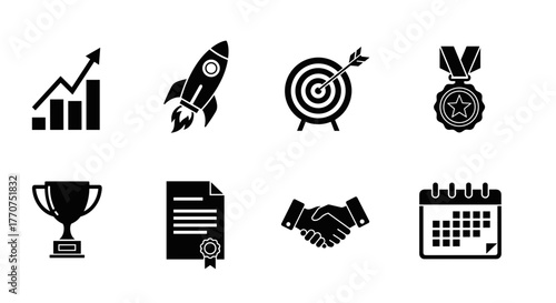 Vector  illustration displaying business and success icons including chart, rocket, target, and trophy