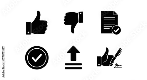 Vector  illustrations showing thumbs up and down, document with check, upload arrow, and signature hand