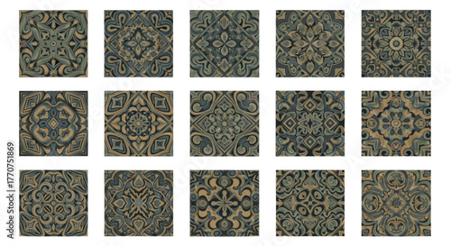 Vector  fifteen rectangular panels featuring intricate carved designs in a muted color palette of grays
