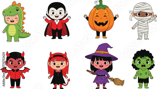 Cartoon children in Halloween costumes, festive character set, spooky outfits, joyful expressions, colorful vector illustration, cad drawing style, flat design