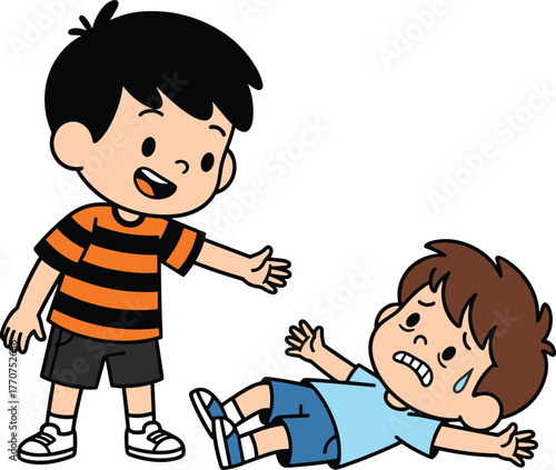 Cartoon children showing kindness, helping friend in need, empathy moment, emotional support, friendship gesture, vector illustration, flat design, caring kids, social values, educational concept