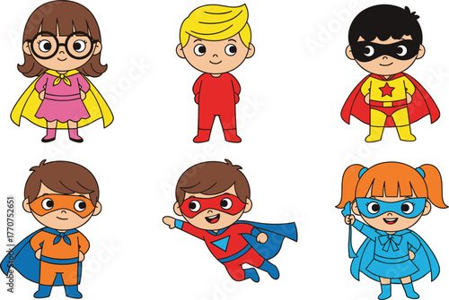 Cartoon children superheroes, diverse costumes, flying, posing, masked characters, capes, imaginative play, kids power vector illustration for creative projects