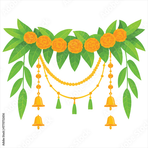 Marigold Garland Clipart – Festive Floral Decoration with Bells & Tassels for Cultural Celebrations