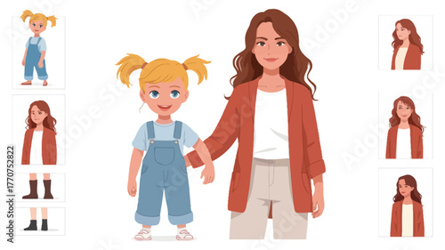 Illustration of a mother and daughter standing together with separate images of them.