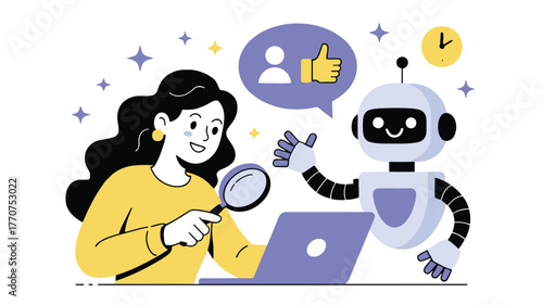 A woman uses a magnifying glass to examine a laptop screen with a robot giving a thumbs up.