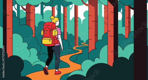 Woman with backpack hiking on a winding path through a vibrant, stylized forest.