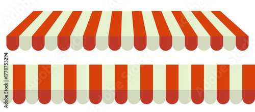 Red and white striped shop awning. Store tent. Vector illustration of a store or market canopy isolated on transparent background.
